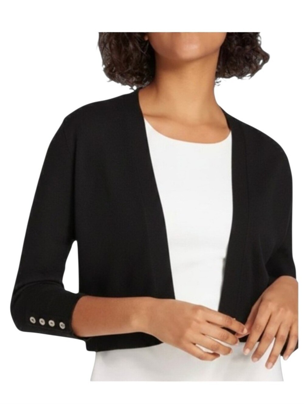 Tommy Hilfiger Black & Gold Button 3/4‎ Sleeve Cropped Shrug Sweater- Small